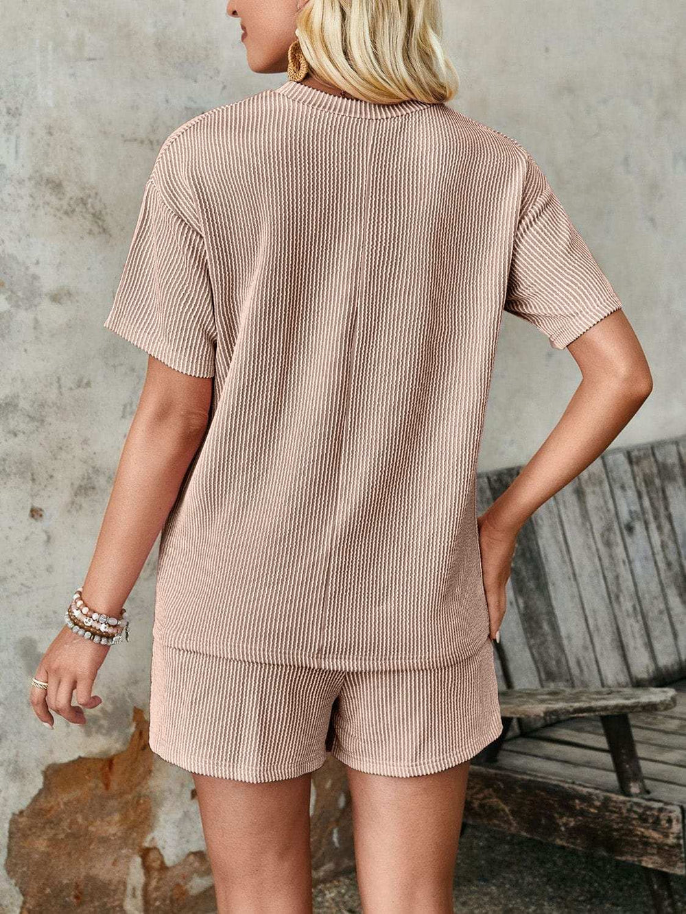 Textured Round Neck Short Sleeve Top and Shorts Set - Trendsi - Flyclothing LLC