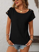 Mandy Eyelet Round Neck Short Sleeve Top - Trendsi - Flyclothing LLC