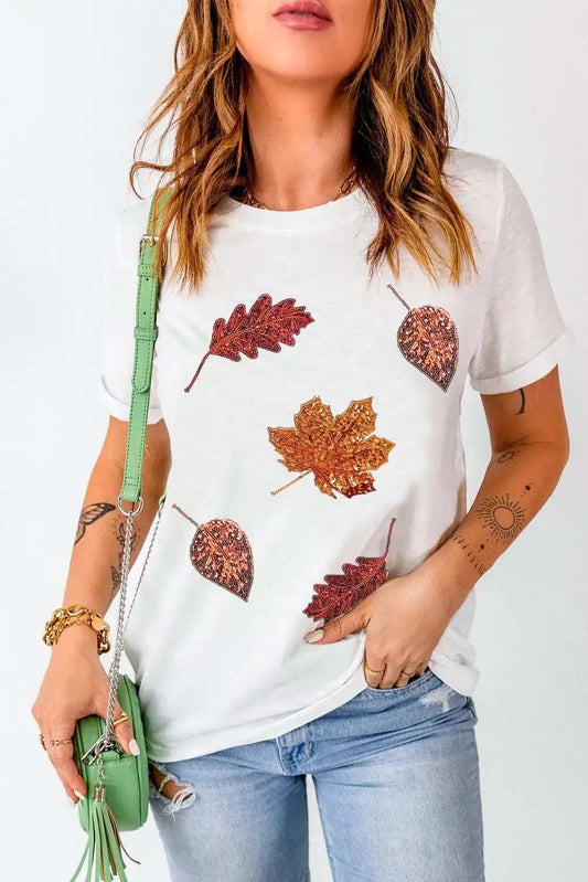 Maple Leaf Round Neck Short Sleeve T-Shirt - Trendsi - Flyclothing LLC