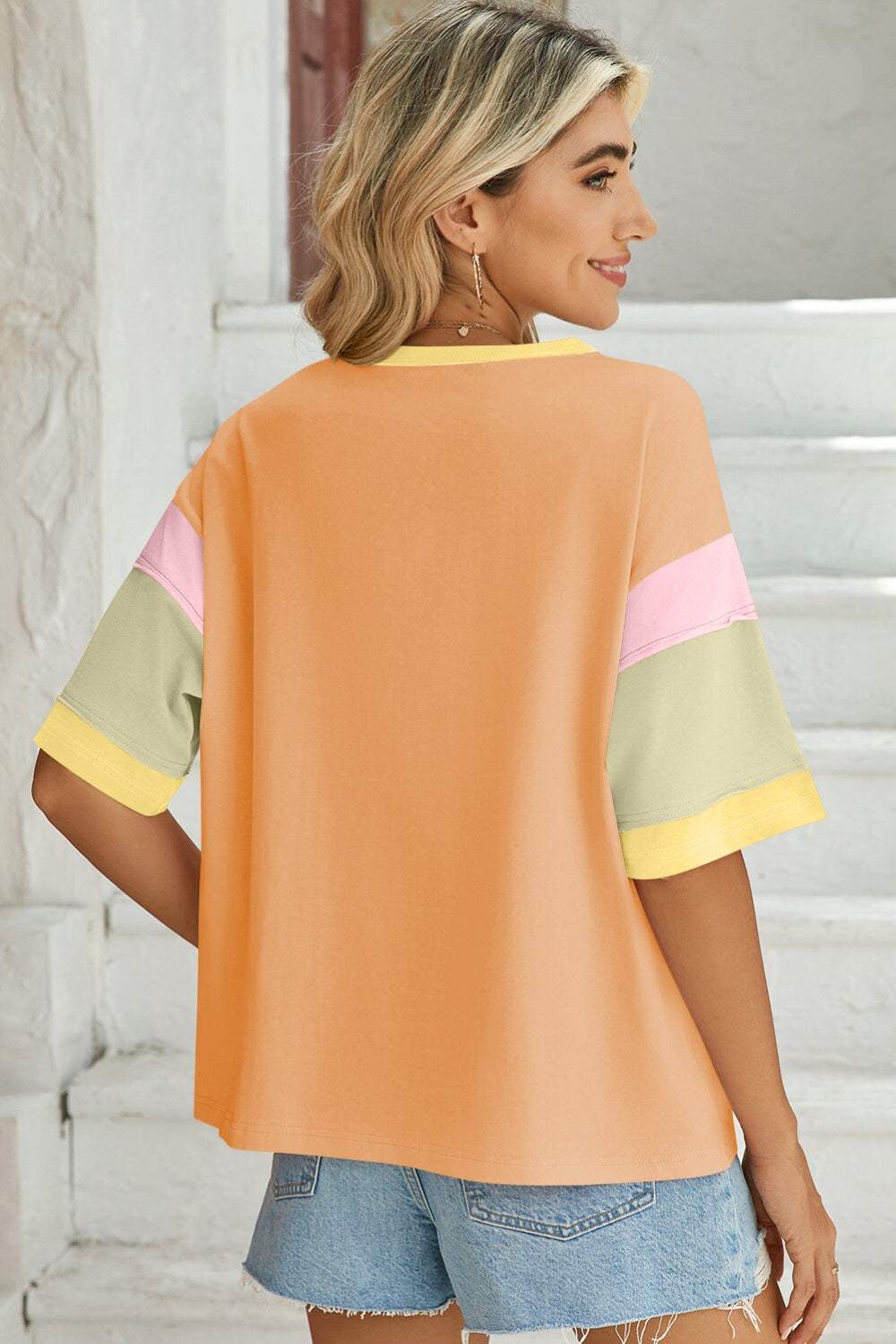 Lovelet Color Block Round Neck Half Sleeve T-Shirt - Trendsi - Flyclothing LLC