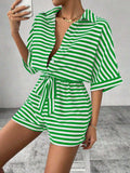 Tie Waist Half Button Striped Romper - Trendsi - Flyclothing LLC