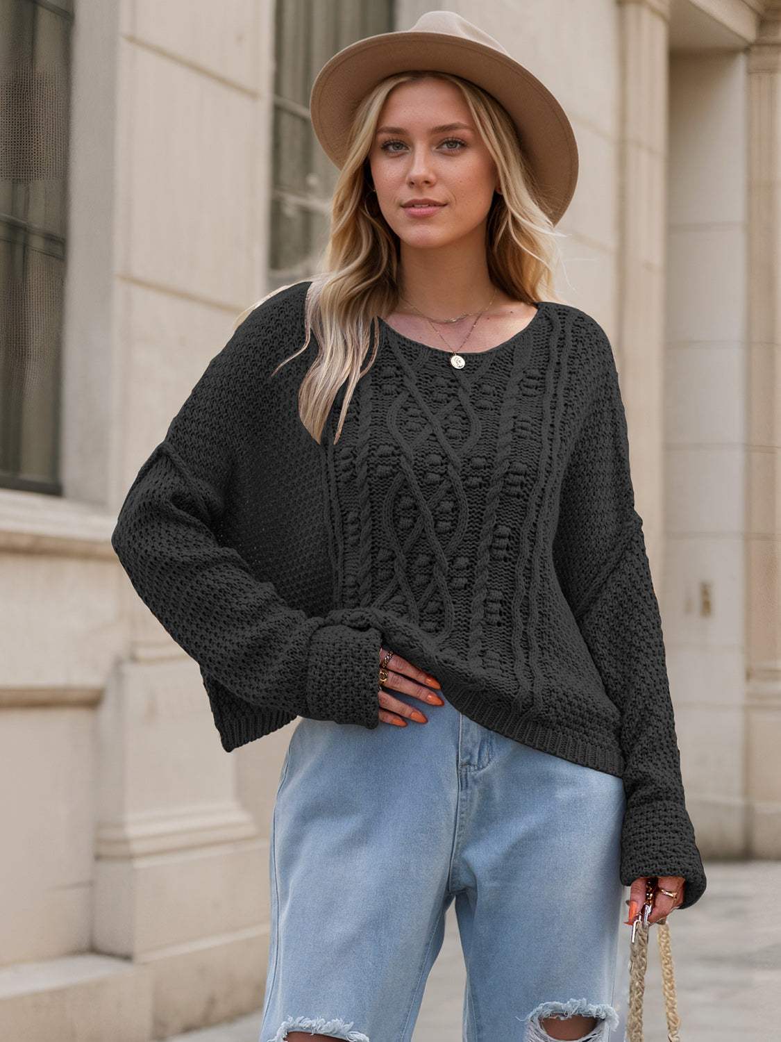 Round Neck Dropped Shoulder Long Sleeve Sweater - Trendsi - Flyclothing LLC