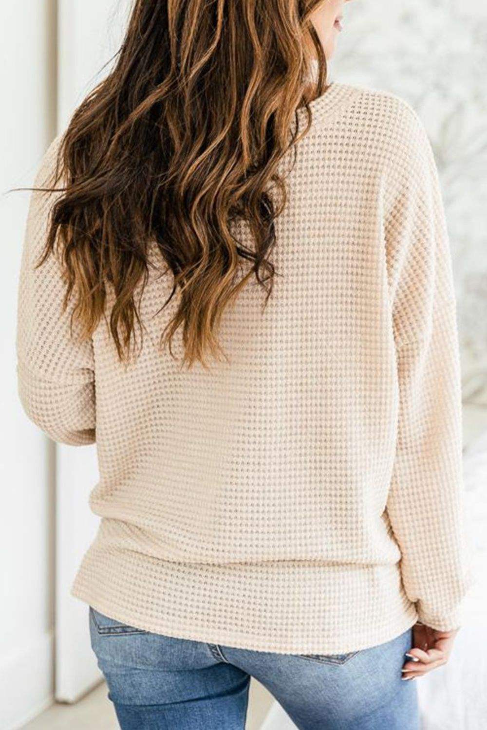 Slit Waffle Knit Long Sleeve T-Shirt - Trendsi - Flyclothing LLC