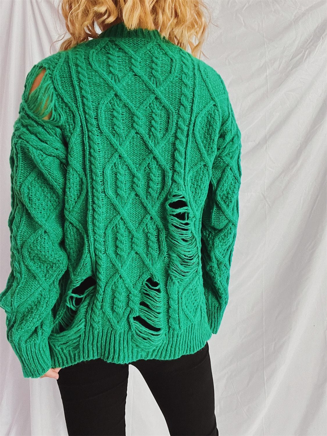 Distressed Cable-Knit Round Neck Long Sleeve Sweater - Trendsi