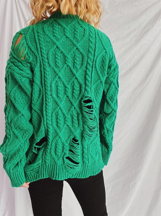 Distressed Cable-Knit Round Neck Long Sleeve Sweater - Trendsi