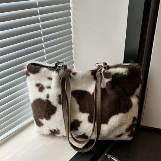 Cow Print Furry Tote Bag - Trendsi - Flyclothing LLC