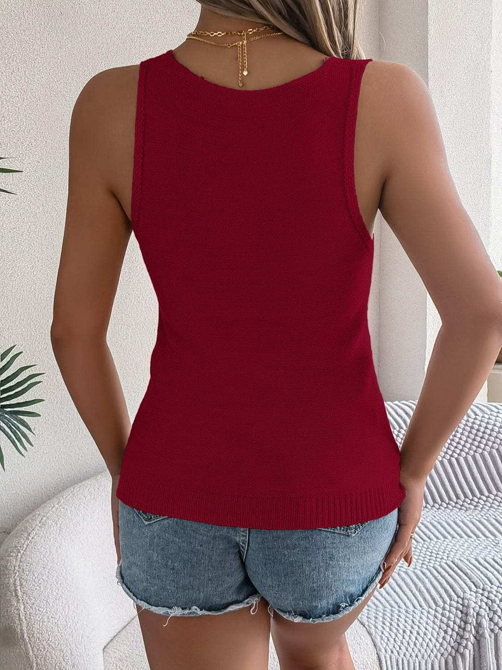 Eyelet V-Neck Tank - Trendsi - Flyclothing LLC