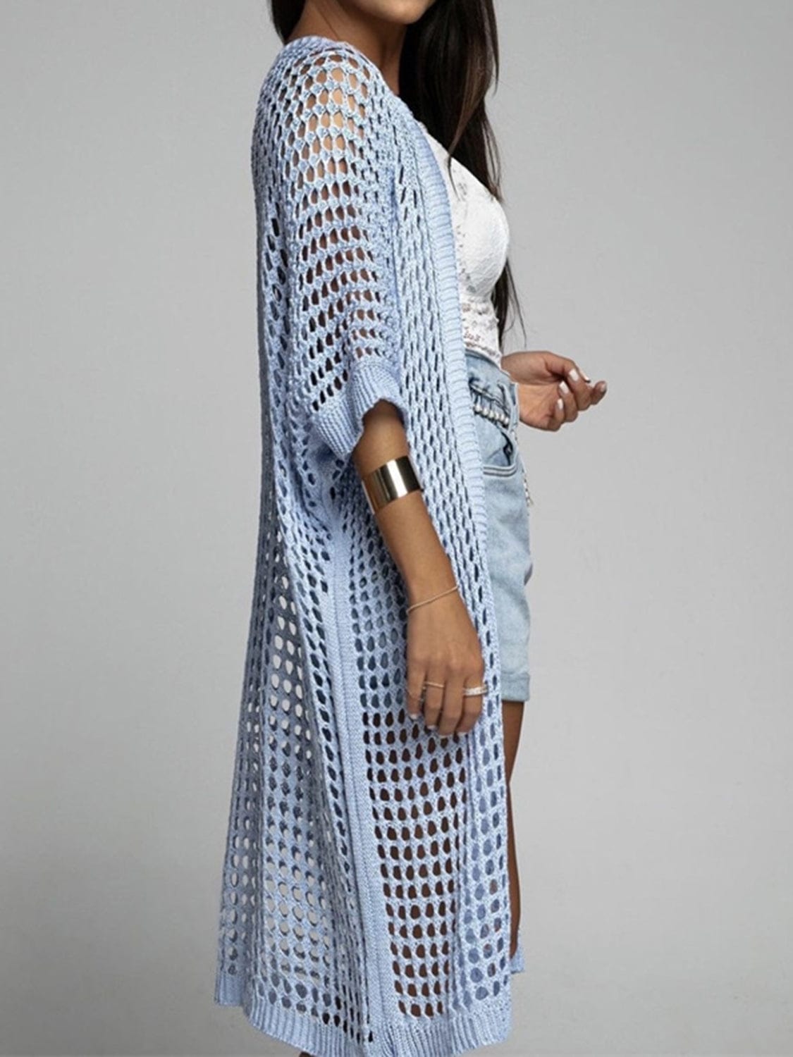 Openwork Open Front Three-Quarter Sleeve Cover Up - Trendsi