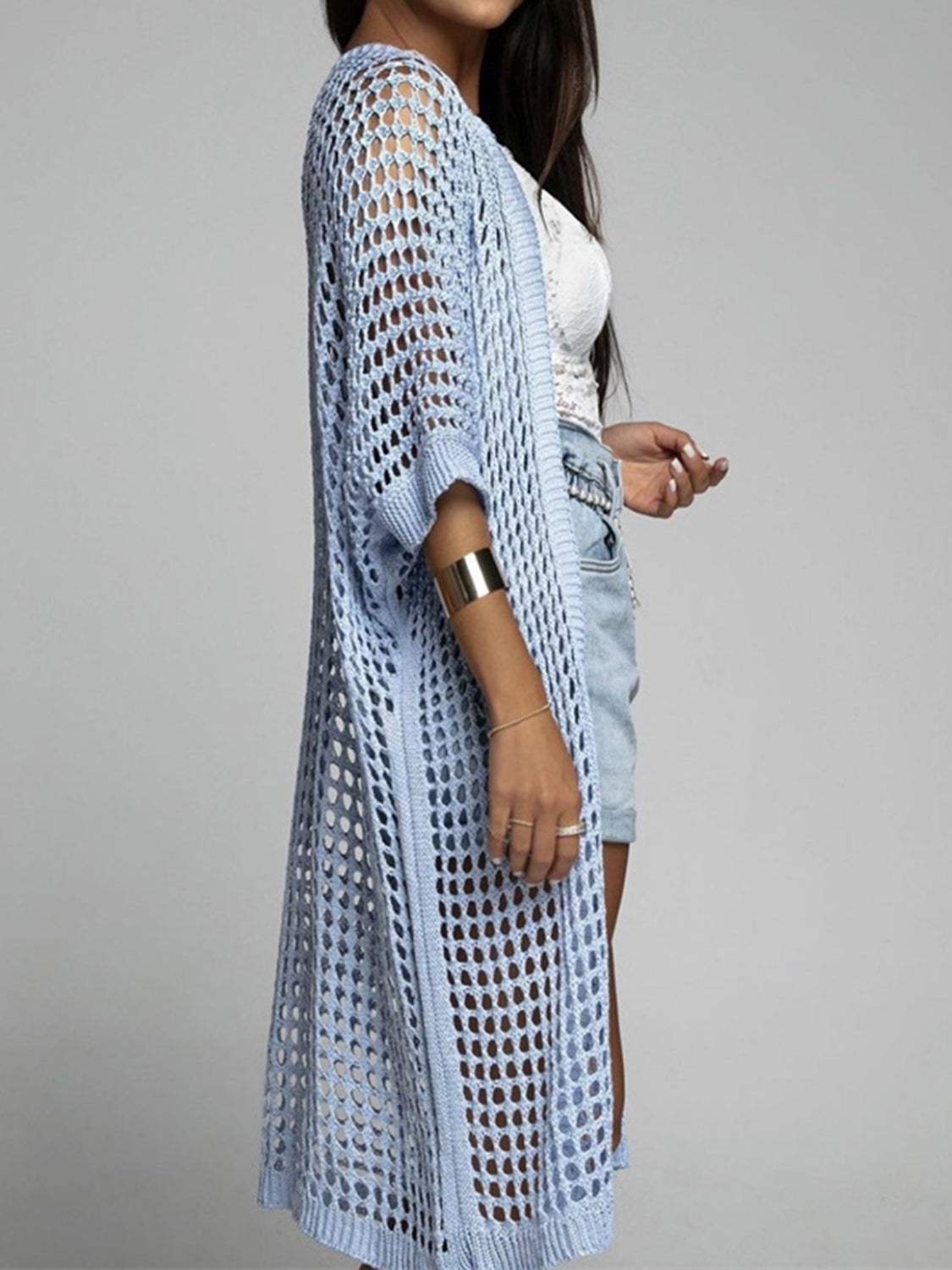 Openwork Open Front Three-Quarter Sleeve Cover Up - Trendsi - Flyclothing LLC