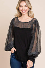 Super Lady Full Size Metallic Mesh Lantern Sleeve Blouse - Trendsi - Flyclothing LLC