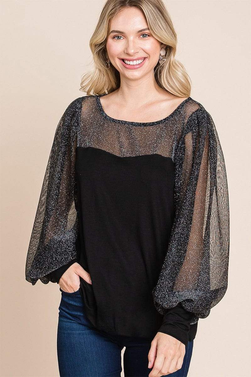 Super Lady Full Size Metallic Mesh Lantern Sleeve Blouse - Trendsi - Flyclothing LLC