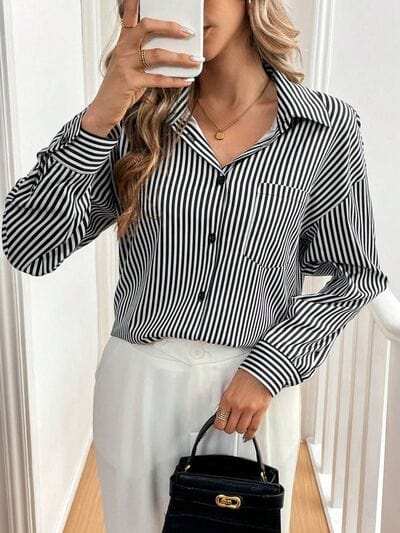 Cutout Bow Back Striped Collared Neck Long Sleeve Shirt - Trendsi - Flyclothing LLC