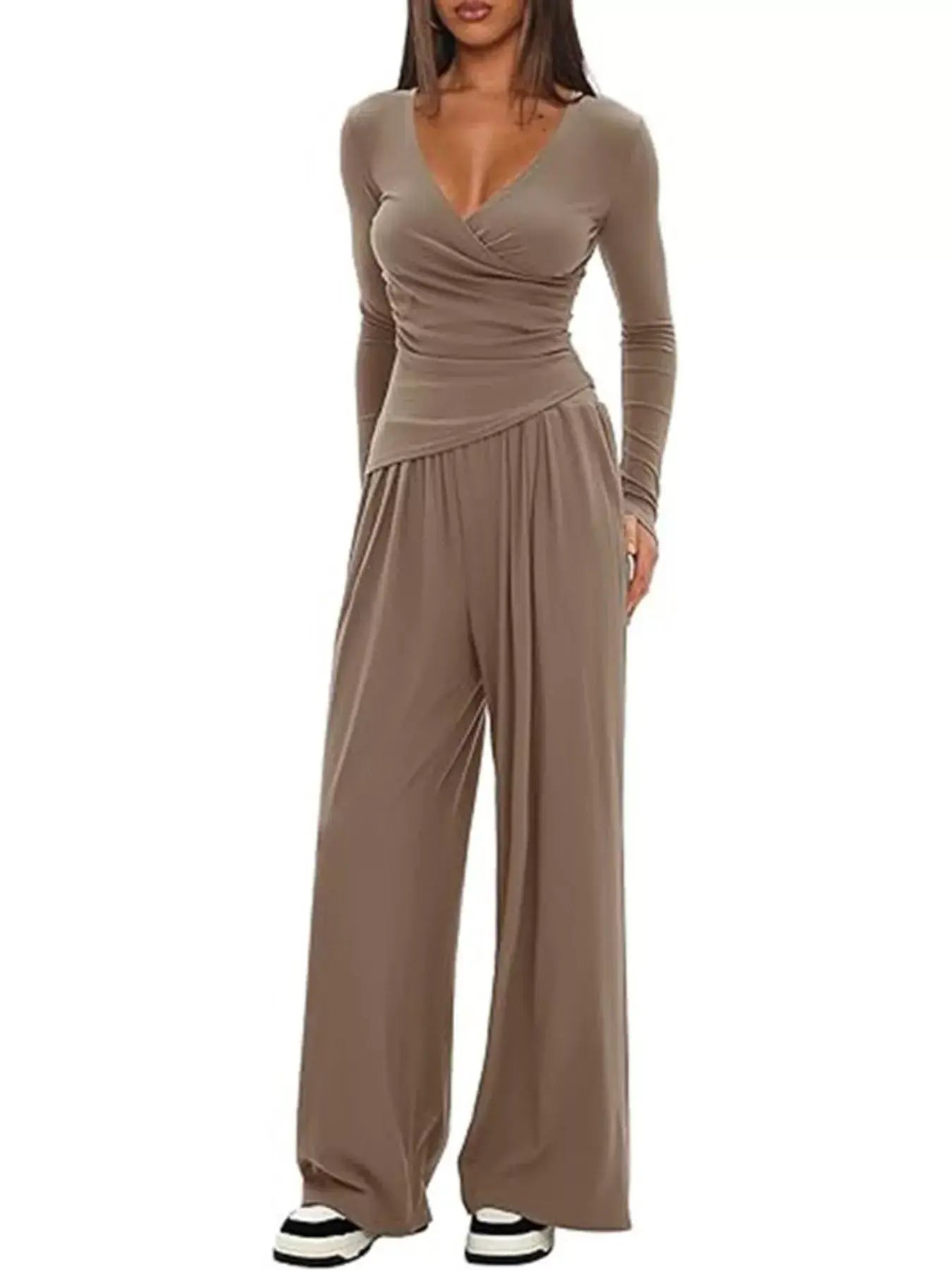 Casual Long Sleeve Top and Wide Leg Pants Set - Trendsi - Flyclothing LLC