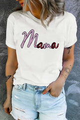 MAMA Sequin Round Neck Short Sleeve T-Shirt - Trendsi - Flyclothing LLC