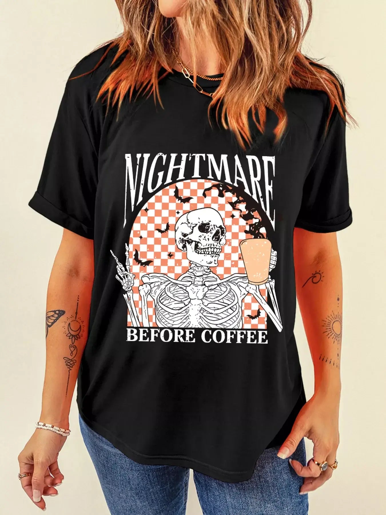 Halloween Skull Checkerboard Graphic Round Neck T-Shirt - Trendsi - Flyclothing LLC