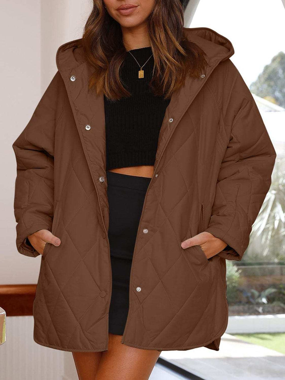 Slit Snap Down Long Sleeve Hooded Jacket - Trendsi - Flyclothing LLC