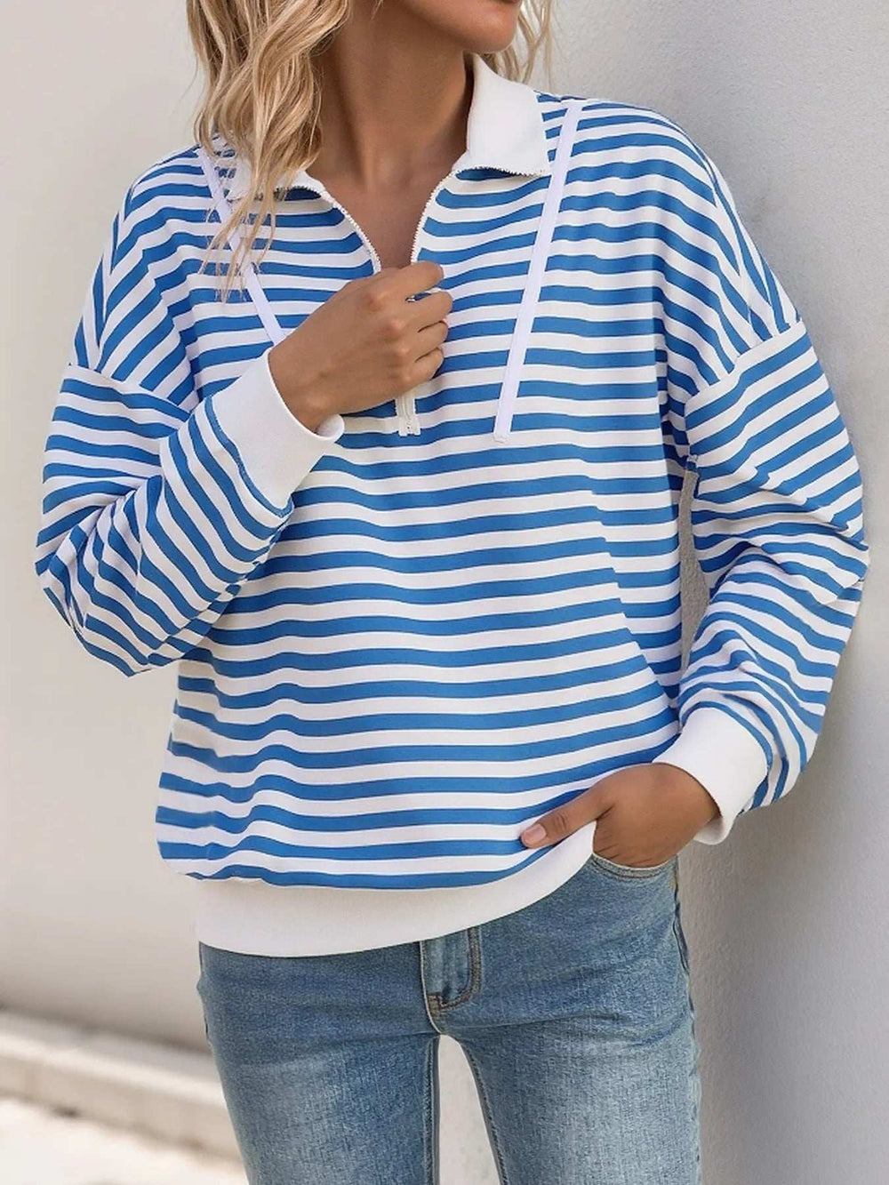 Striped Quarter Zip Long Sleeve Hoodie - Trendsi - Flyclothing LLC