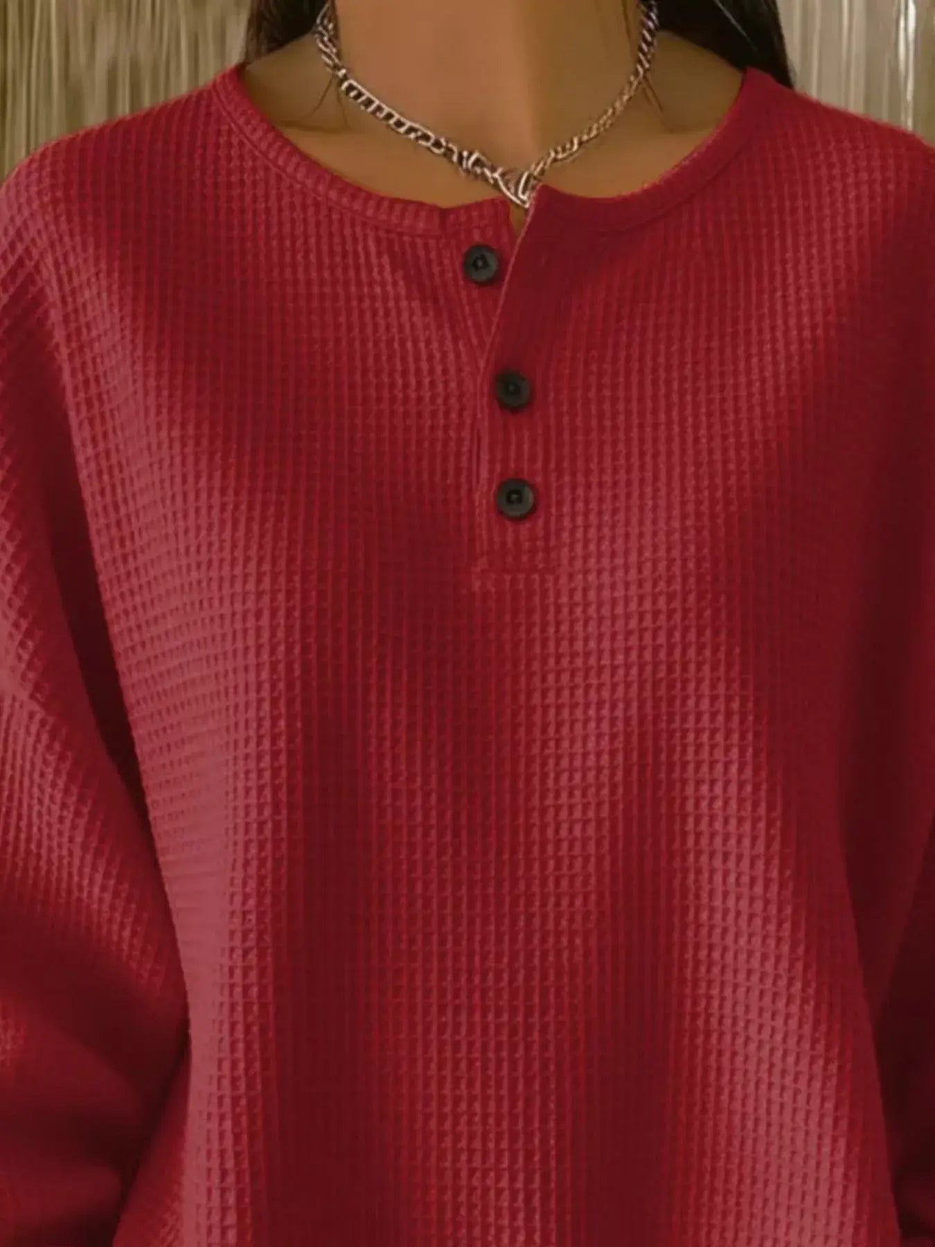 Full Size Casual Waffle Knit Button Detail Pullover Plus Size - Trendsi - Flyclothing LLC