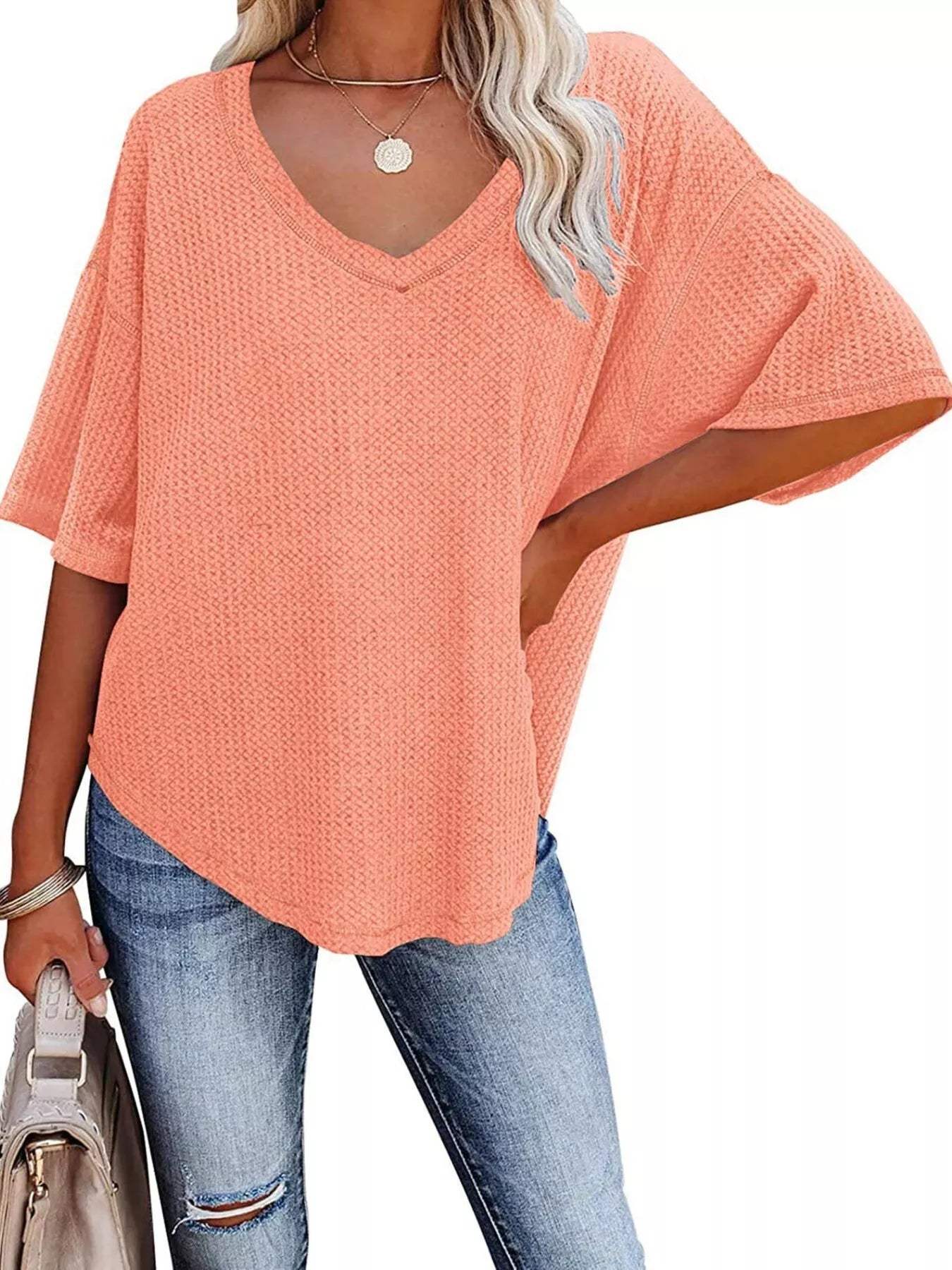 Waffle Knit V-Neck Short Sleeve T-Shirt - Trendsi - Flyclothing LLC