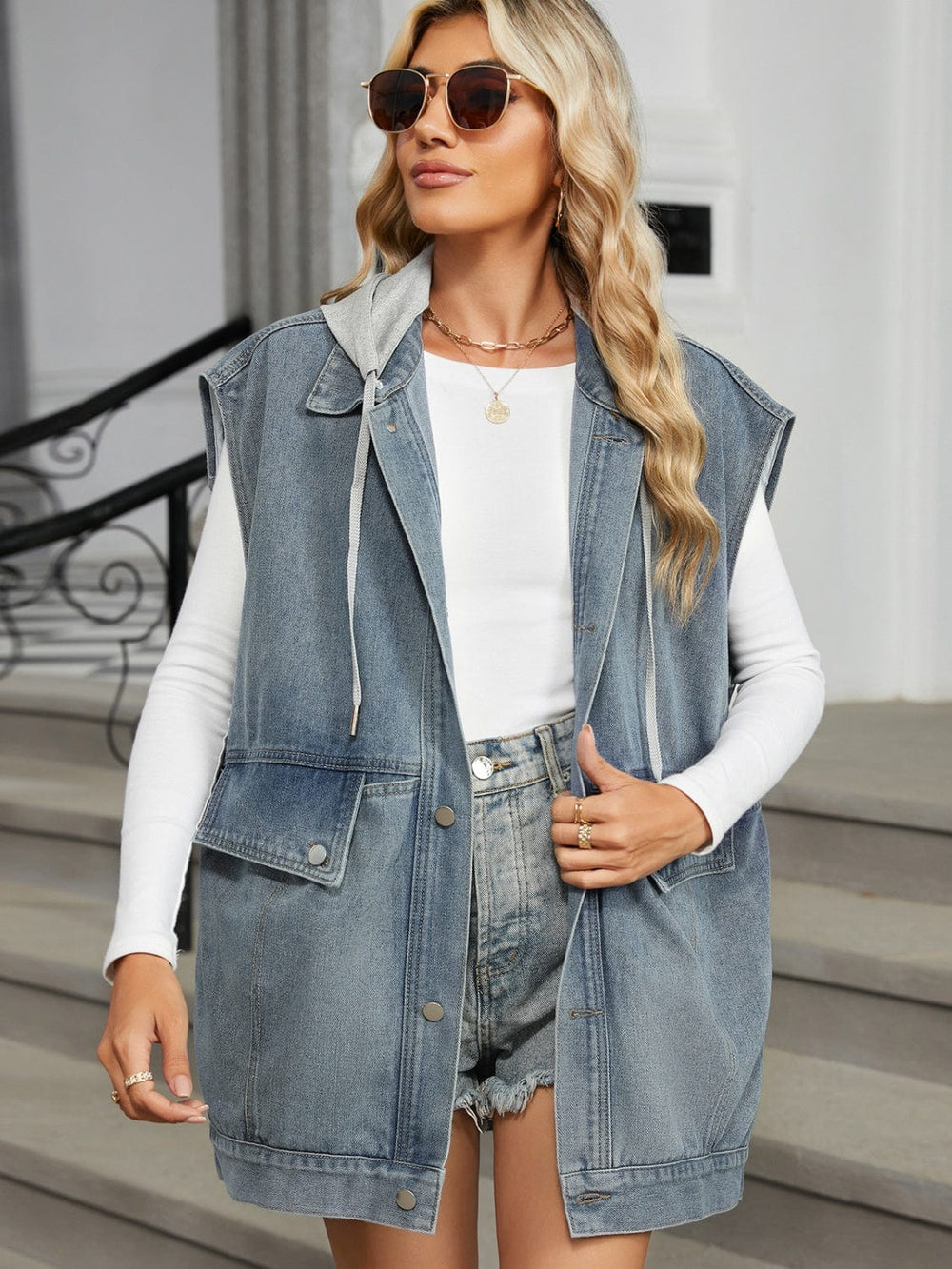 Removable Hood Button Up Cap Sleeve Denim Jacket - Trendsi