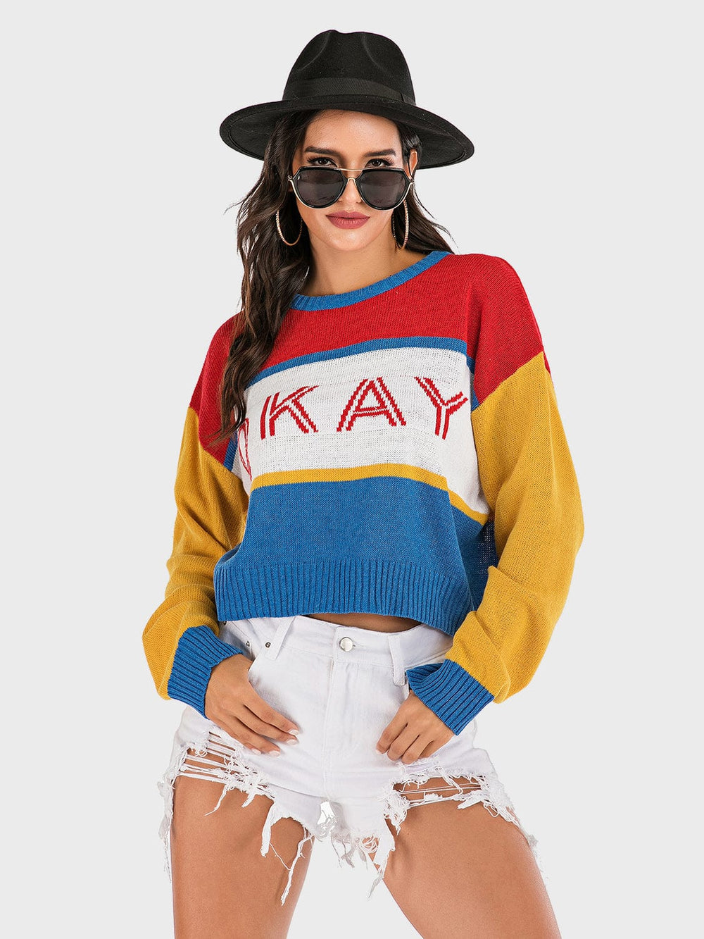 Perfee OKAY Contrast Dropped Shoulder Long Sleeve Sweater - Trendsi