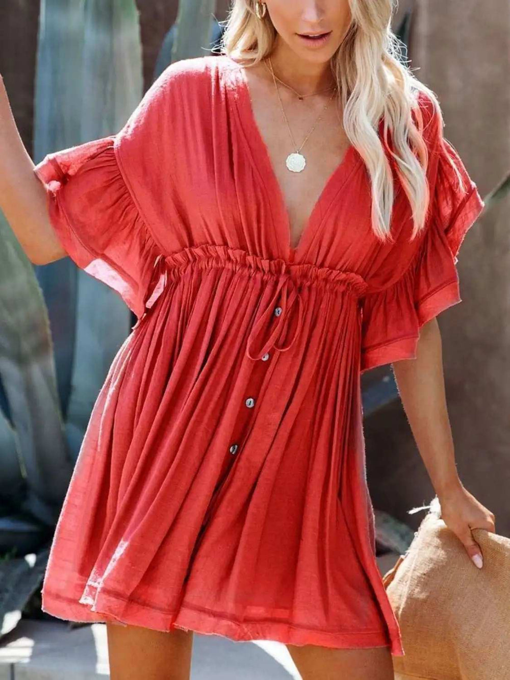 Drawstring Ruffled Half Sleeve Mini Dress - Trendsi - Flyclothing LLC