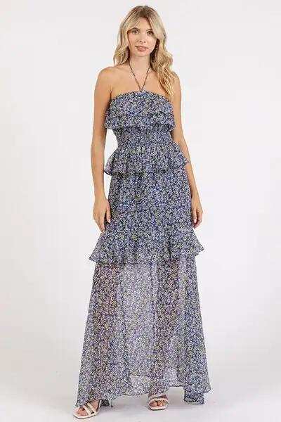 Mittoshop Ruffled Smocked Floral Halter Neck Maxi Dress - Trendsi - Flyclothing LLC