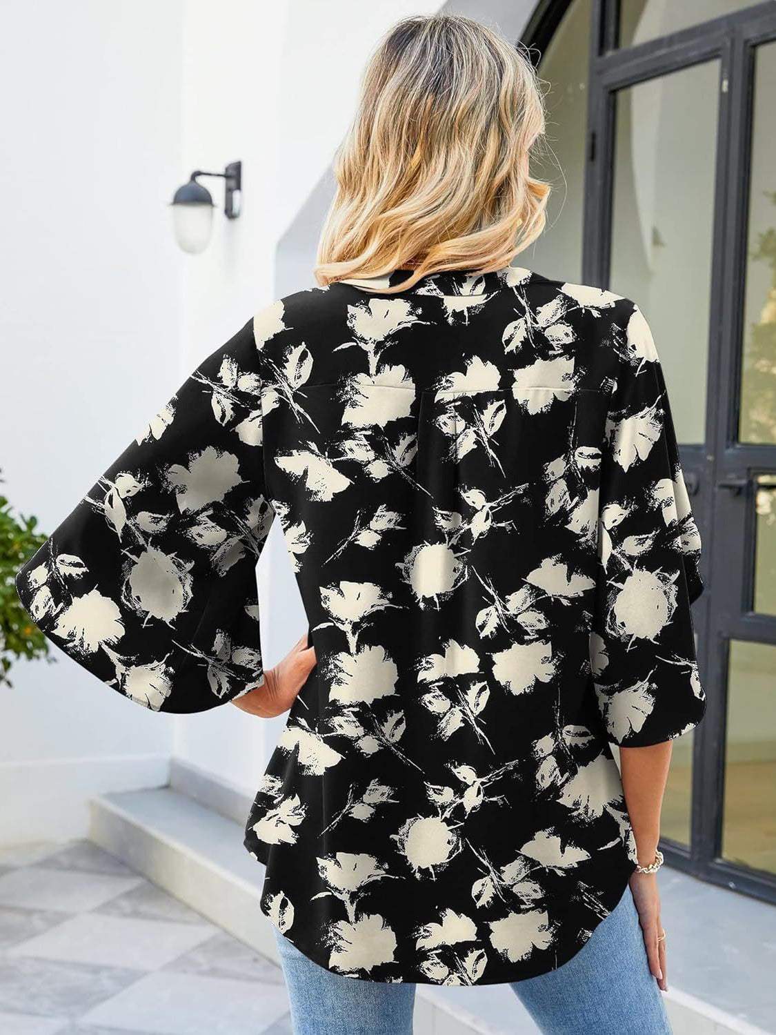 Printed Notched Half Sleeve Blouse - Trendsi - Flyclothing LLC