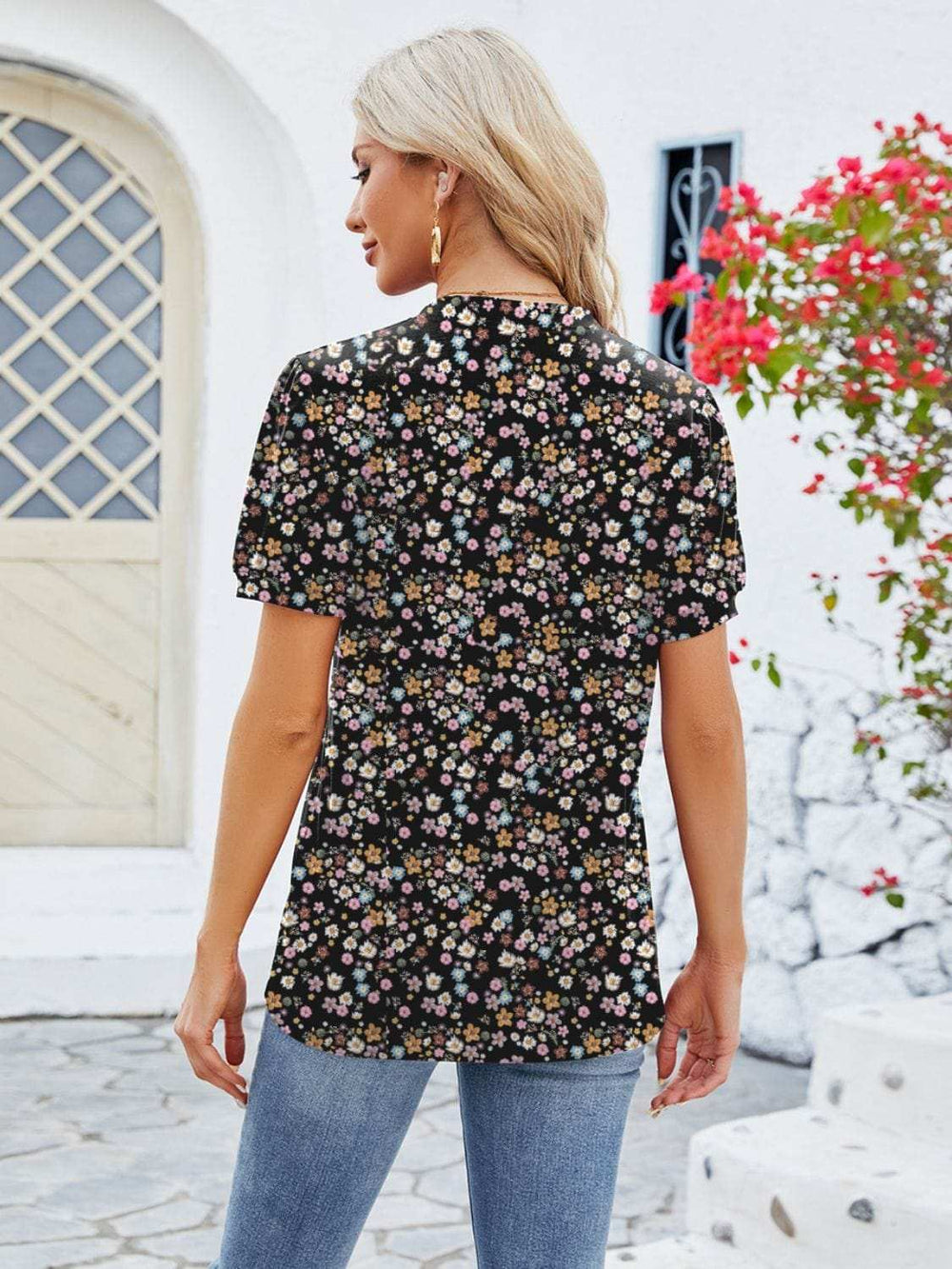 Ruched Printed Notched Short Sleeve Blouse - Trendsi - Flyclothing LLC