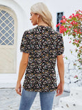 Ruched Printed Notched Short Sleeve Blouse - Trendsi - Flyclothing LLC