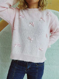 Bow Trim Round Neck Long Sleeve Sweater - Trendsi - Flyclothing LLC