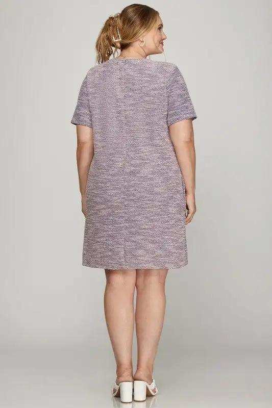She + Sky Full Size Short Sleeve Pearl Studded Trim Knit Tweed Dress Plus Size - Trendsi - Flyclothing LLC
