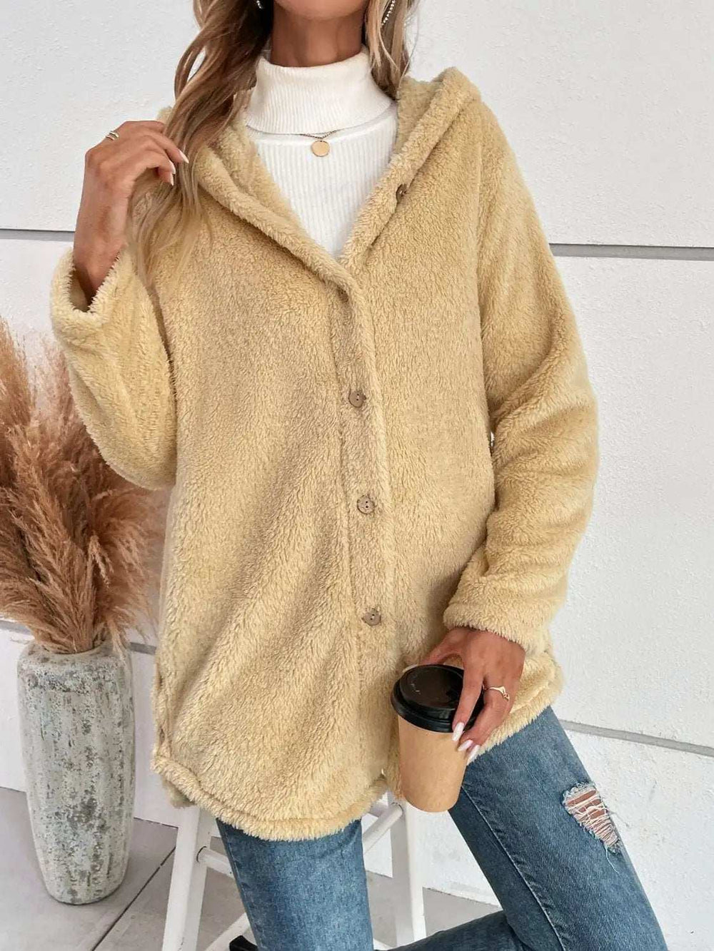 Fuzzy Button Up Hooded Jacket - Trendsi - Flyclothing LLC