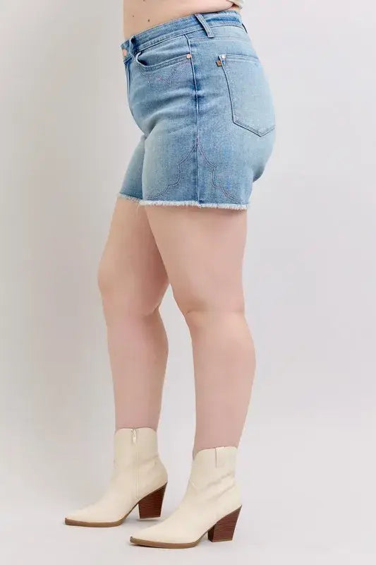 Judy Blue Full Size High Waist Western Embroidery Detail Cut Off Denim Shorts Plus Size - Trendsi - Flyclothing LLC