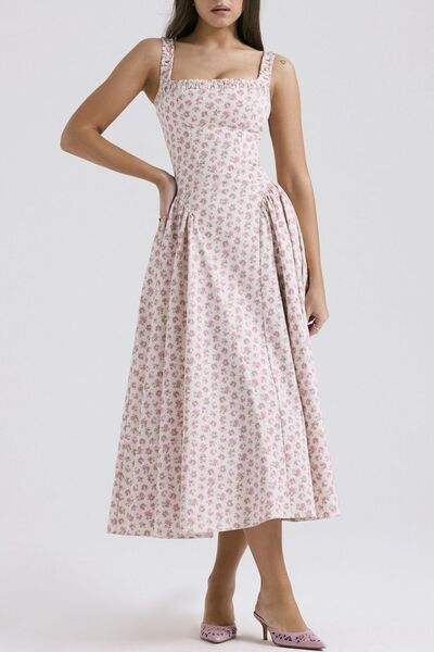 Floral Square Neck Wide Strap Midi Dress - Trendsi - Flyclothing LLC