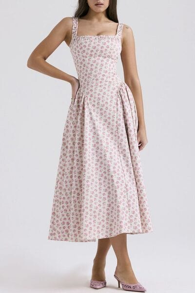 Floral Square Neck Wide Strap Midi Dress - Trendsi