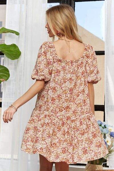 ADORA Floral Square Neck Puff Sleeve Dress - Trendsi - Flyclothing LLC