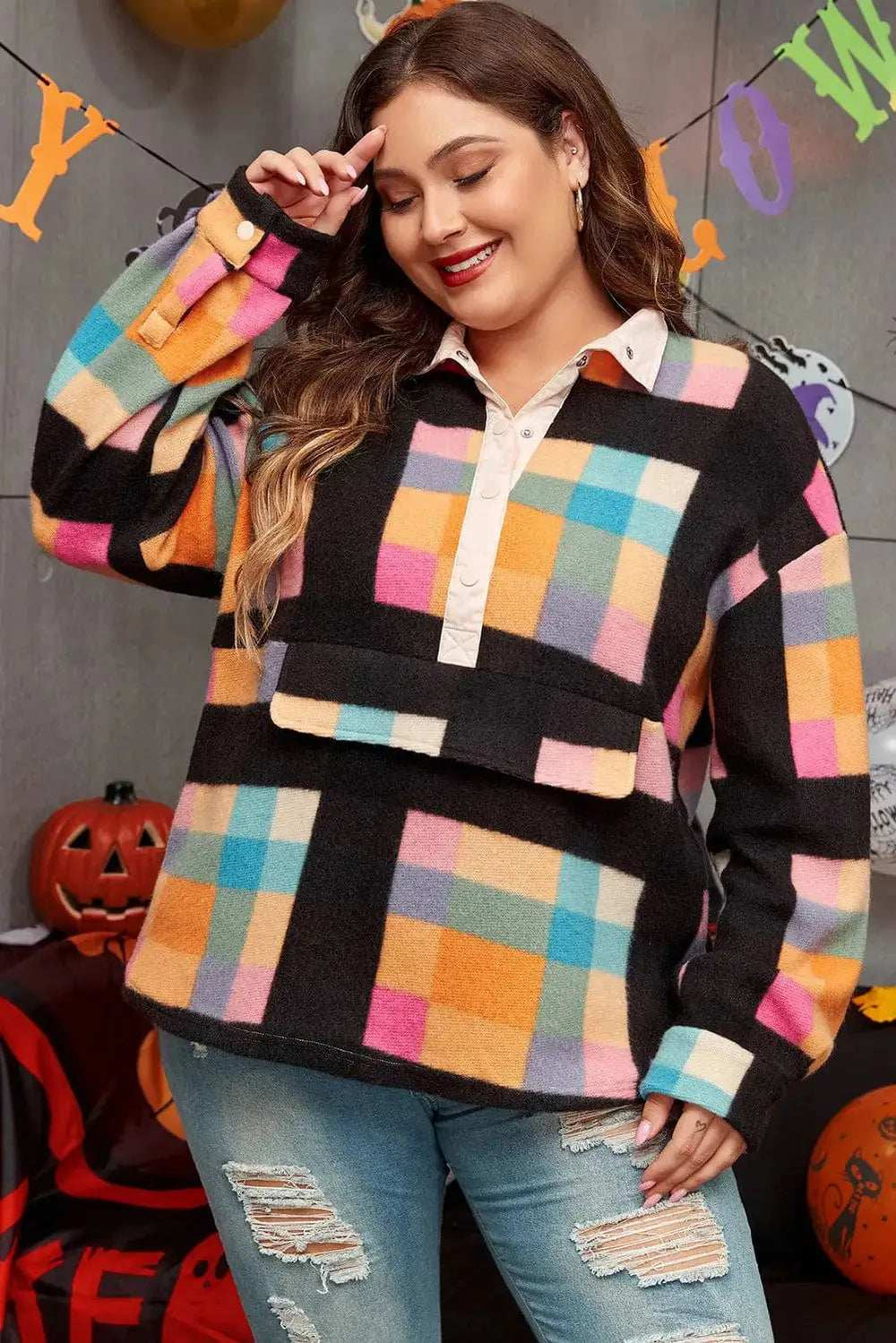 Plus Size Color Block Half Snap Long Sleeve Sweatshirt - Trendsi - Flyclothing LLC