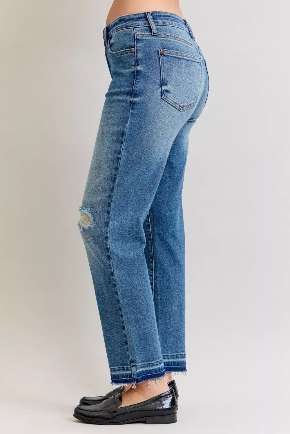 Judy Blue Full Size Mid Rise Bf Patch & Repair Destroy Release Hem Jeans Plus Size - Trendsi - Flyclothing LLC