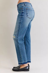 Judy Blue Full Size Mid Rise Bf Patch & Repair Destroy Release Hem Jeans Plus Size - Trendsi - Flyclothing LLC