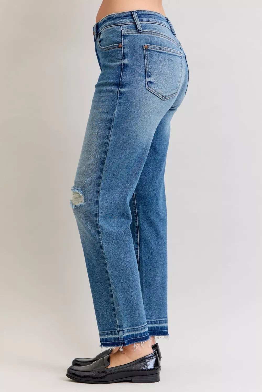 Judy Blue Full Size Mid Rise Bf Patch & Repair Destroy Release Hem Jeans Plus Size - Trendsi - Flyclothing LLC