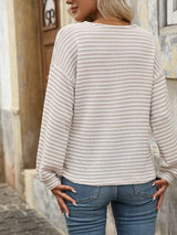 Striped Button Detail Long Sleeve T-Shirt - Trendsi - Flyclothing LLC