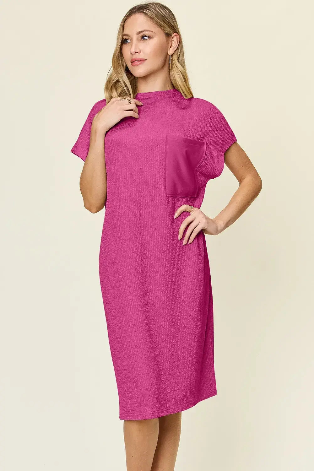 Double Take Full Size Texture Mock Neck Short Sleeve Dress - Trendsi - Flyclothing LLC