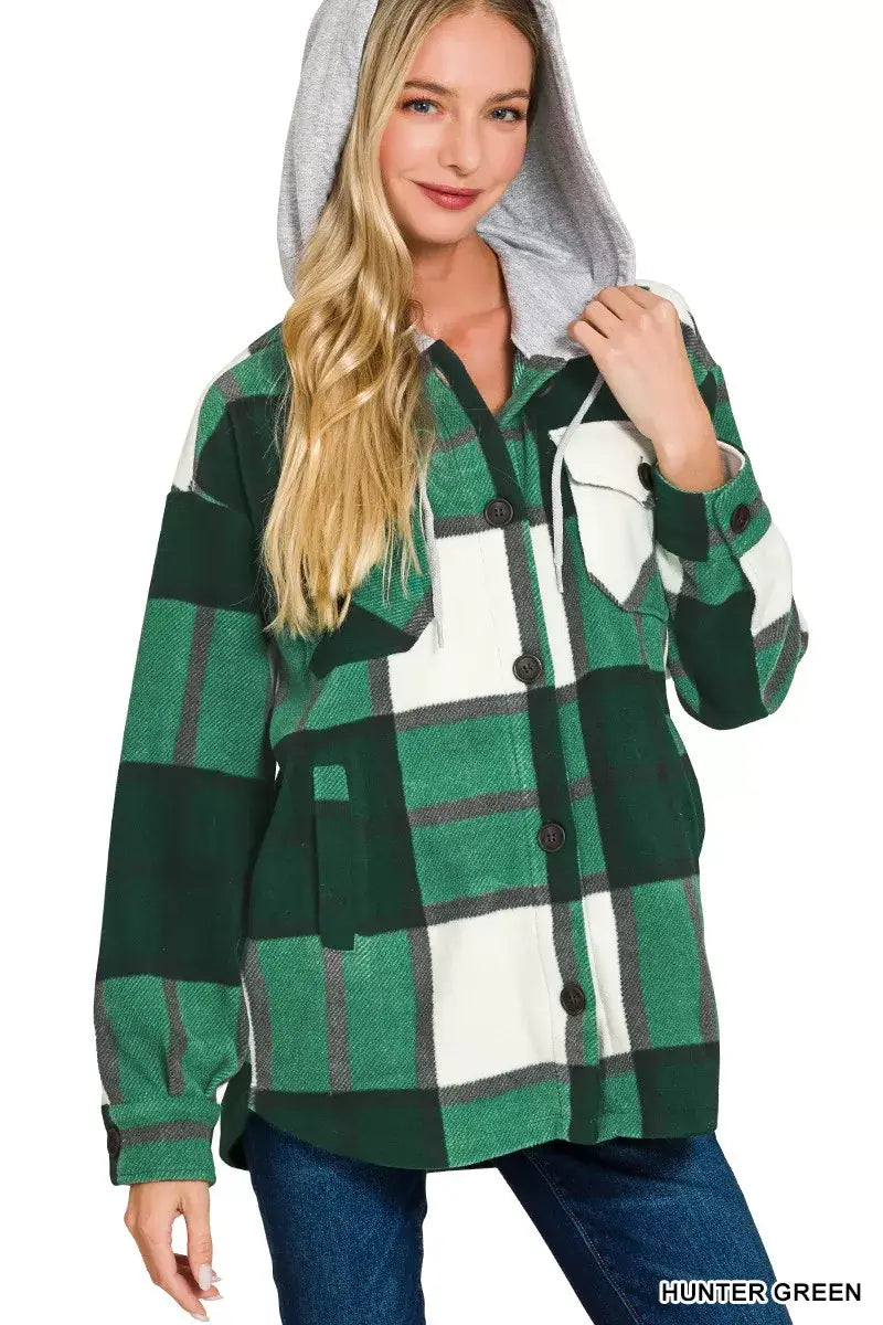 Zenana Plaid Drawstring Hooded Fleece Shacket - Trendsi - Flyclothing LLC