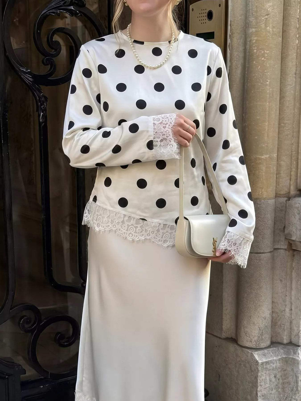Polka Dot Satin Top with Lace Trim - Trendsi - Flyclothing LLC