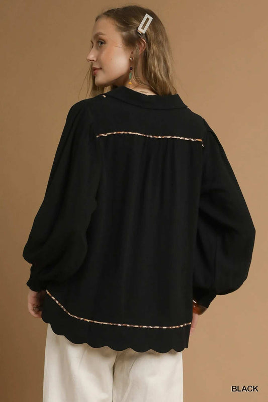 Umgee Full Size Linen Scallop Hem Blouse with Contrast Trim Plus Size - Trendsi - Flyclothing LLC