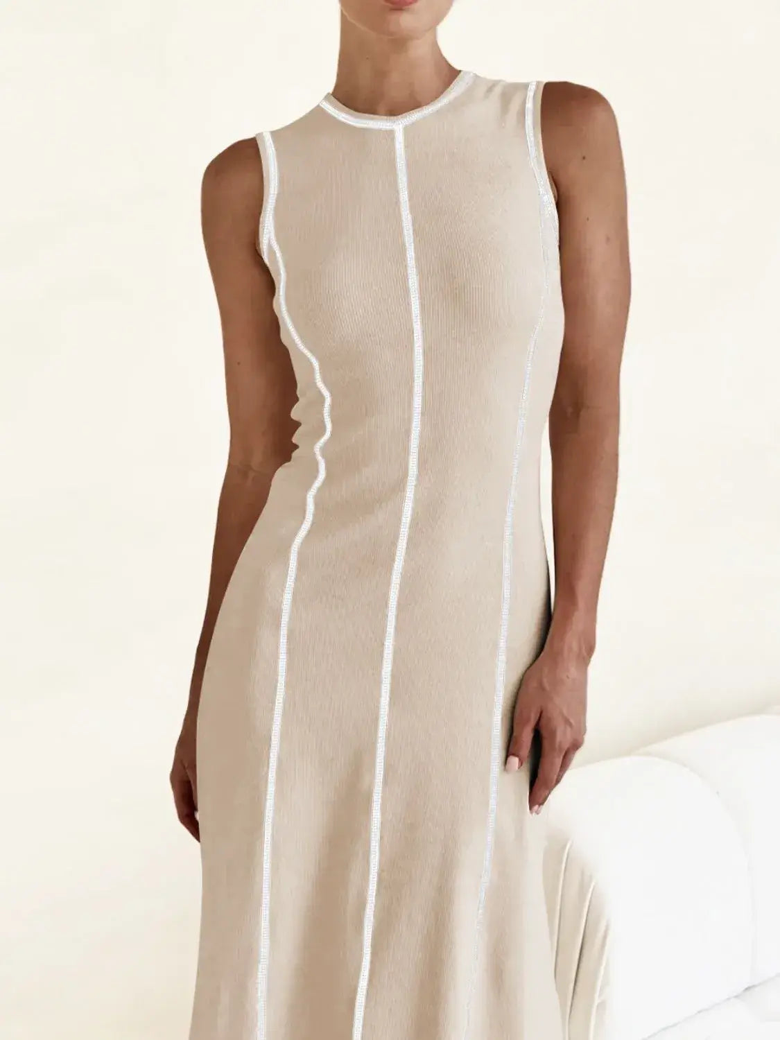 Contrast Stitching Round Neck Sleeveless Midi Dress - Trendsi - Flyclothing LLC