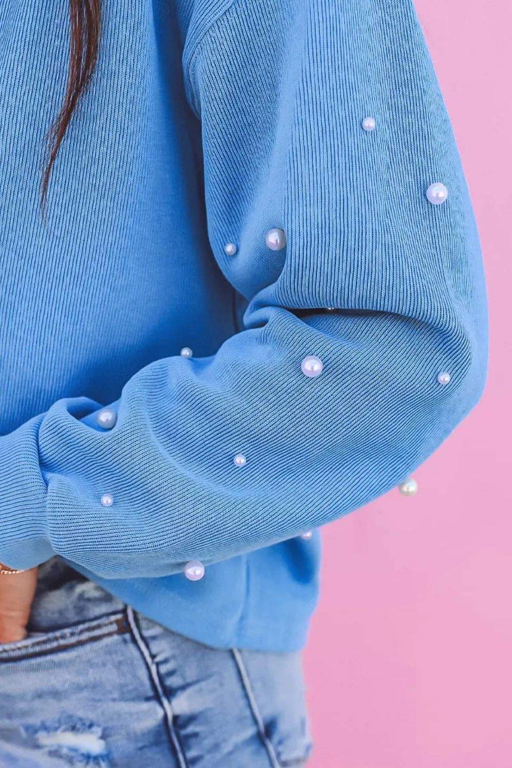 Pearl Detail Long Sleeve Sweatshirt - Trendsi - Flyclothing LLC