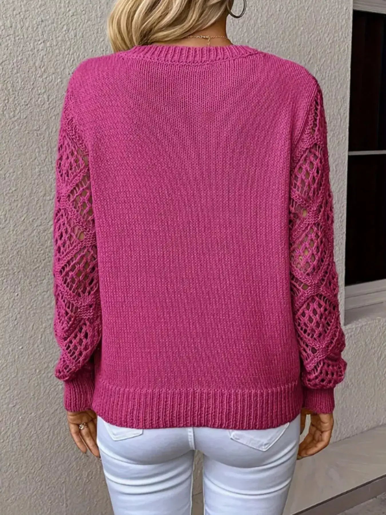 V-Neck Crochet Sleeve Sweater - Trendsi - Flyclothing LLC