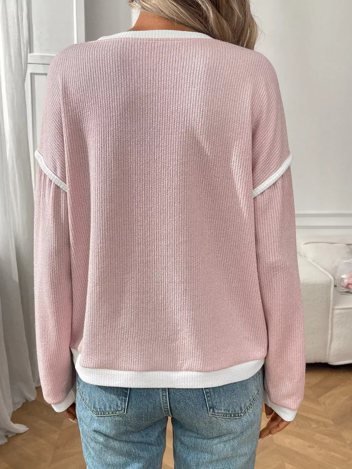 Ribbed Knit Contrast Trim Sweater - Trendsi - Flyclothing LLC